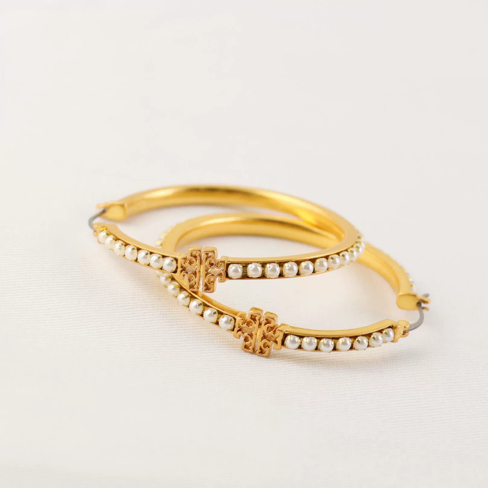 Tory Burch Vintage Matte Gold Hollow Logo Large Hoop Mini Pearl Beaded Earrings